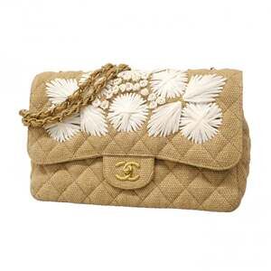 Chanel Shoulder Bag, Large Matelassé, Double Chain, Raffia, Beige, White, Cha...